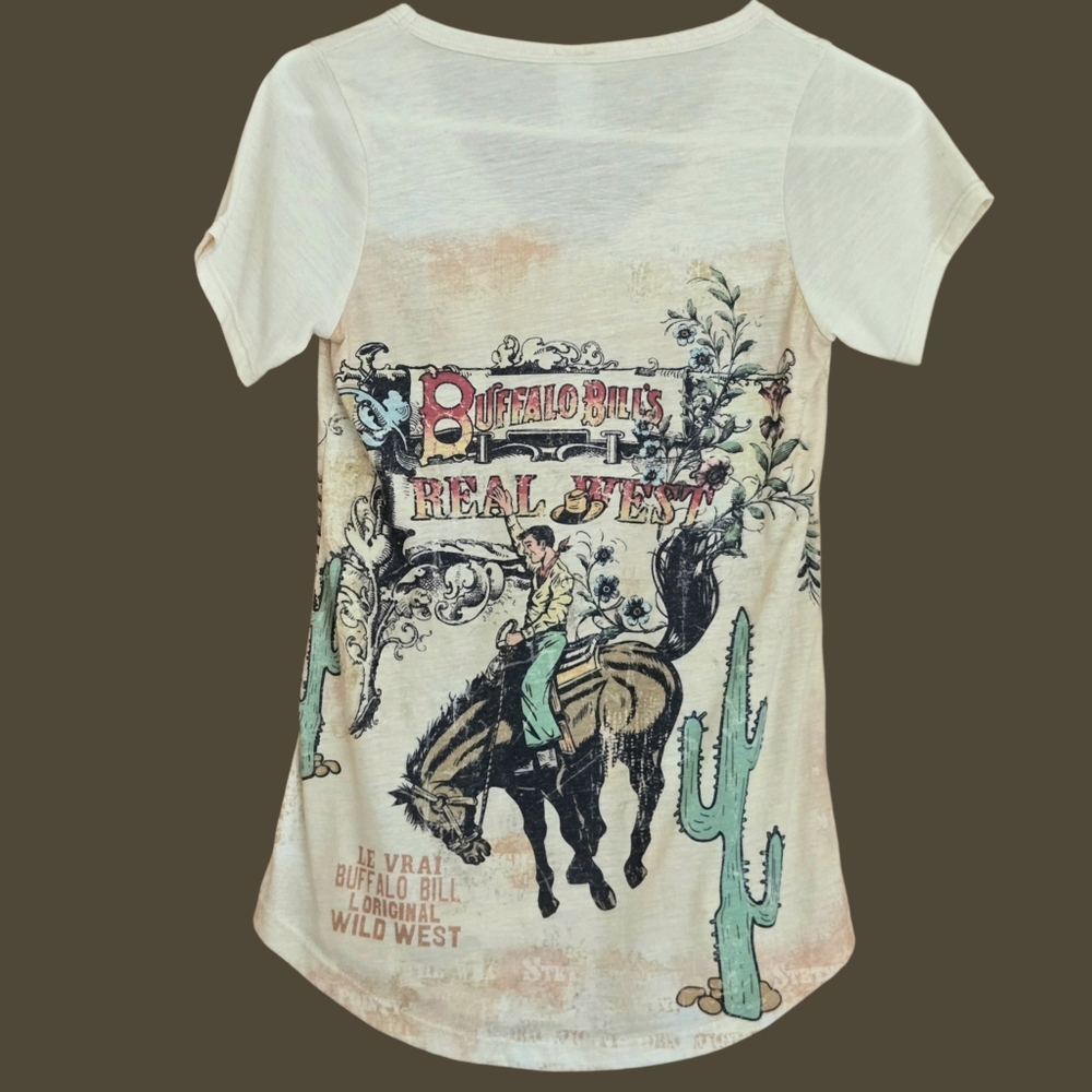 Vtg Buffalo Bill's Real West T-shirt V-neck Graphic Western Print Horse Sz S/USA - Picture 4 of 7